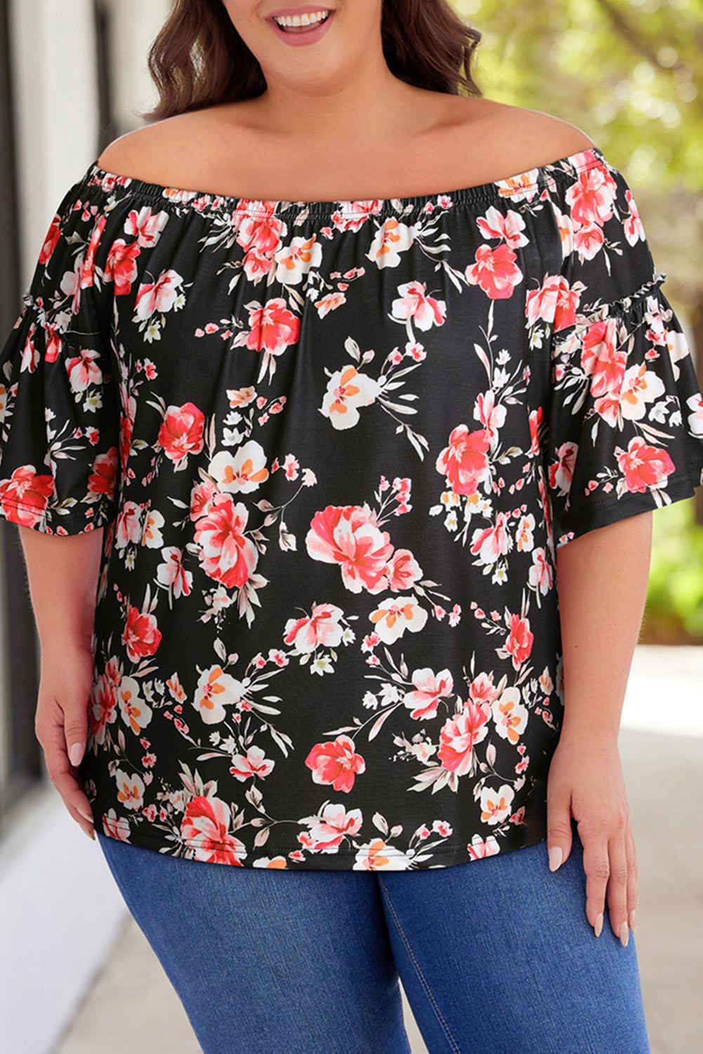 Plus Size Floral Off-Shoulder Flare Sleeve Blouse