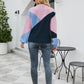 Tricolor Color Block Round Neck Ribbed Trim Sweater