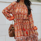 Printed Balloon Sleeve Tassel Tie Dress