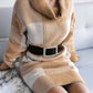 Plaid Funnel Neck Long Sleeve Mini Sweater Dress (Belt Not Included)