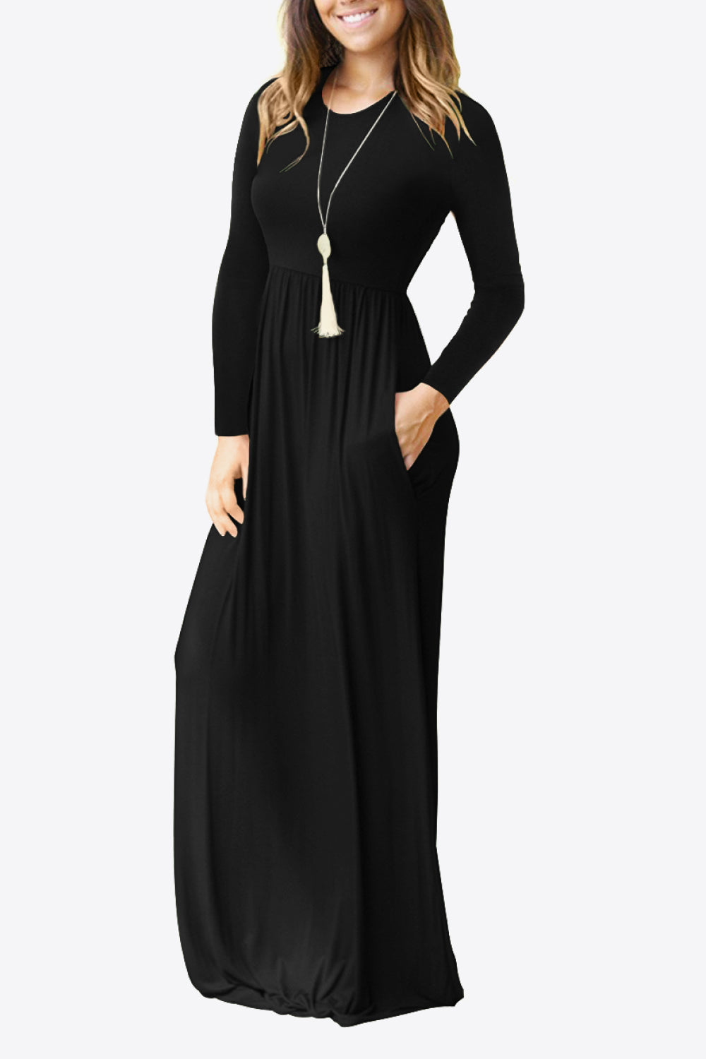 Round Neck Empire Waist Pocket Dress