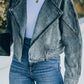 Acid Wash Lapel Collar Cropped Denim Jacket