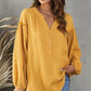 Balloon Sleeve Frill Trim Notched Neck Blouse