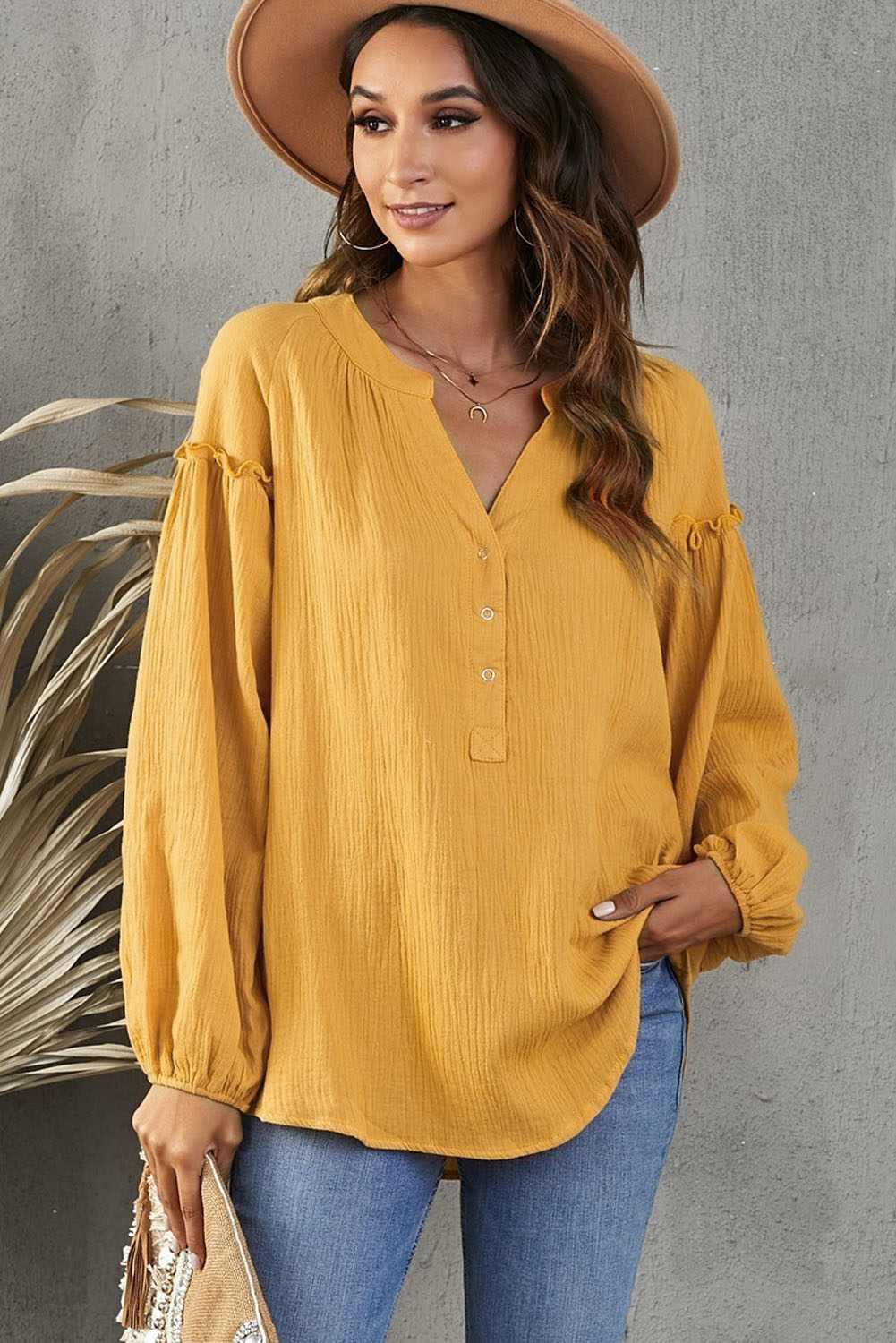Balloon Sleeve Frill Trim Notched Neck Blouse