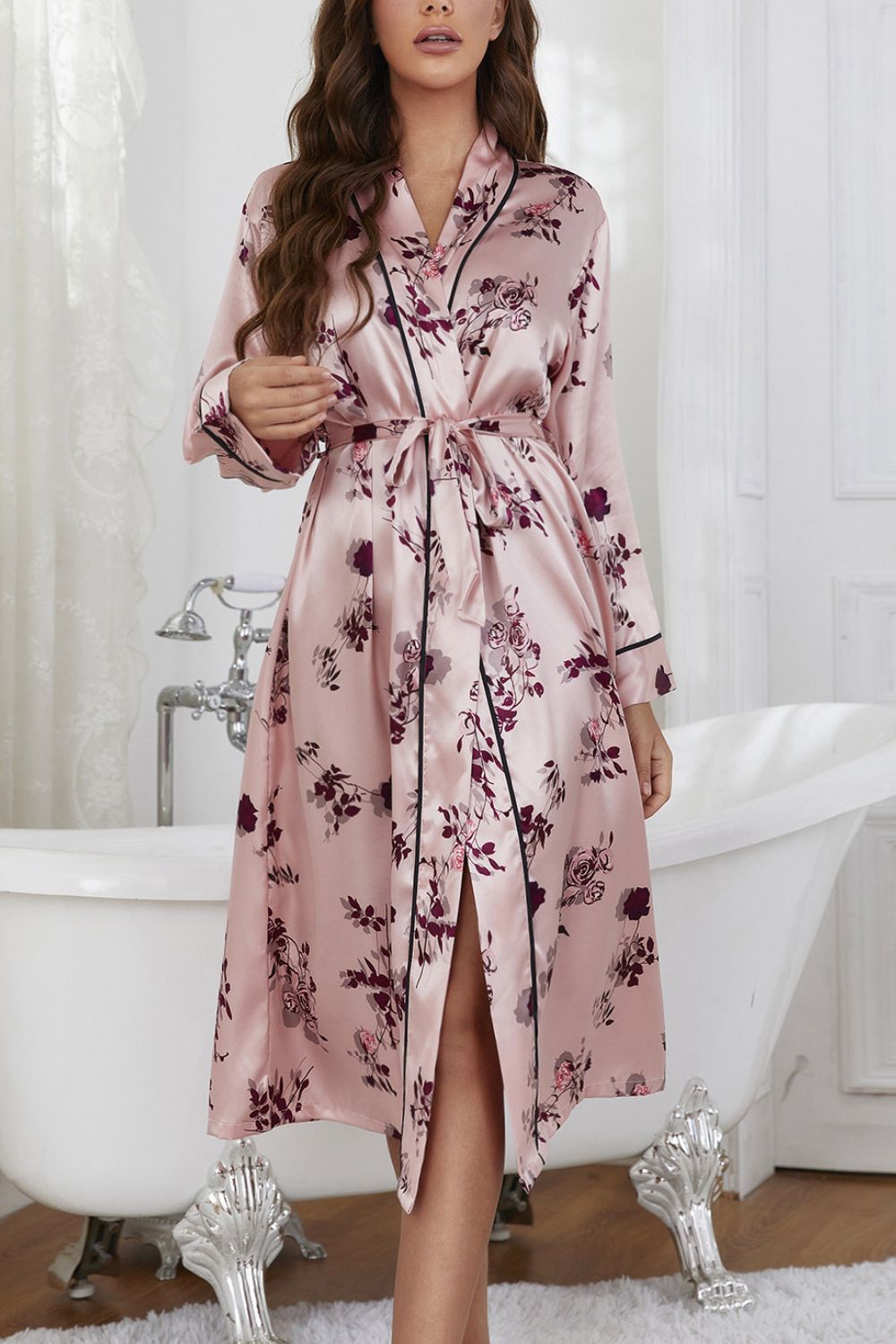 Floral Long Sleeve Tie Waist Robe