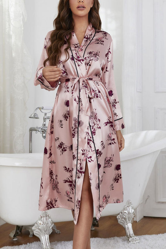 Floral Long Sleeve Tie Waist Robe