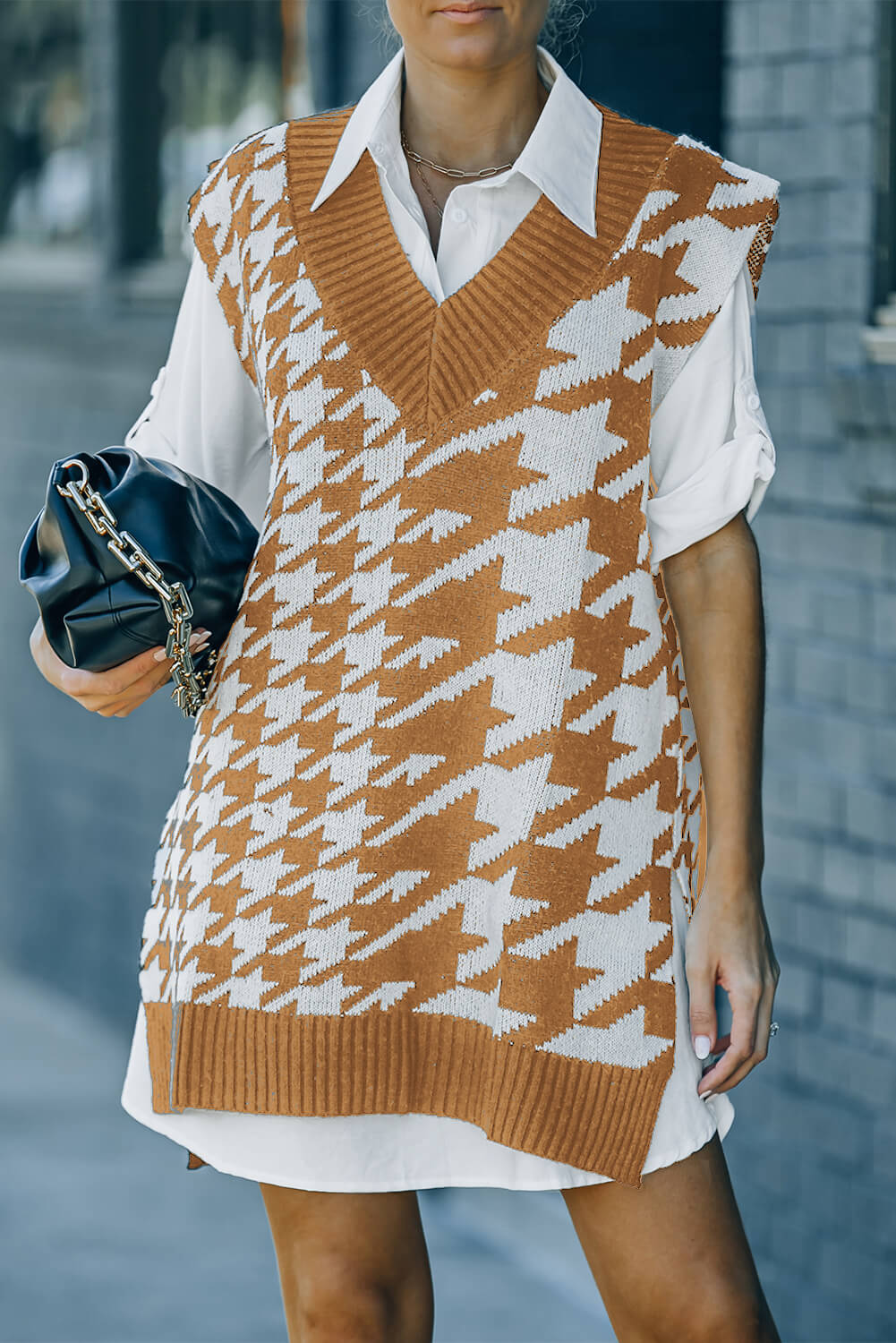 Houndstooth Side Slit Ribbed Sweater Vest Dress