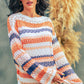 Multicolored Stripe Openwork Knit Pullover