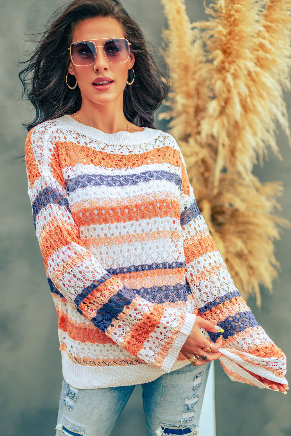 Multicolored Stripe Openwork Knit Pullover