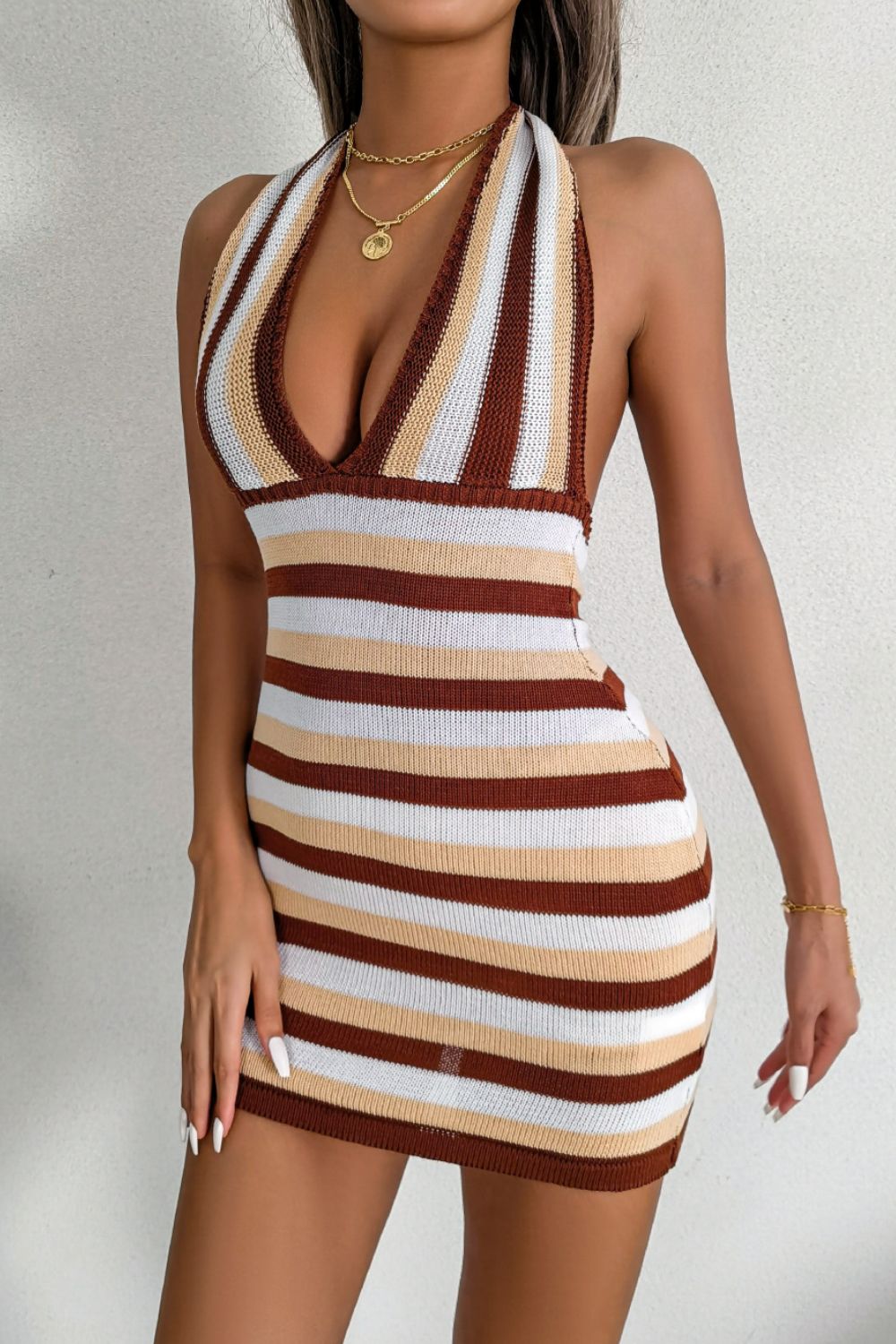 Striped Halter Neck Backless Knit Mini Dress Deals DejaVu Striped Halter Neck Backless Knit Mini Dress Deals DejaVu