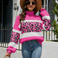 Striped Leopard Turtleneck Dropped Shoulder Sweater