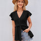 Buttoned V-Neck Ruffle Trim Top