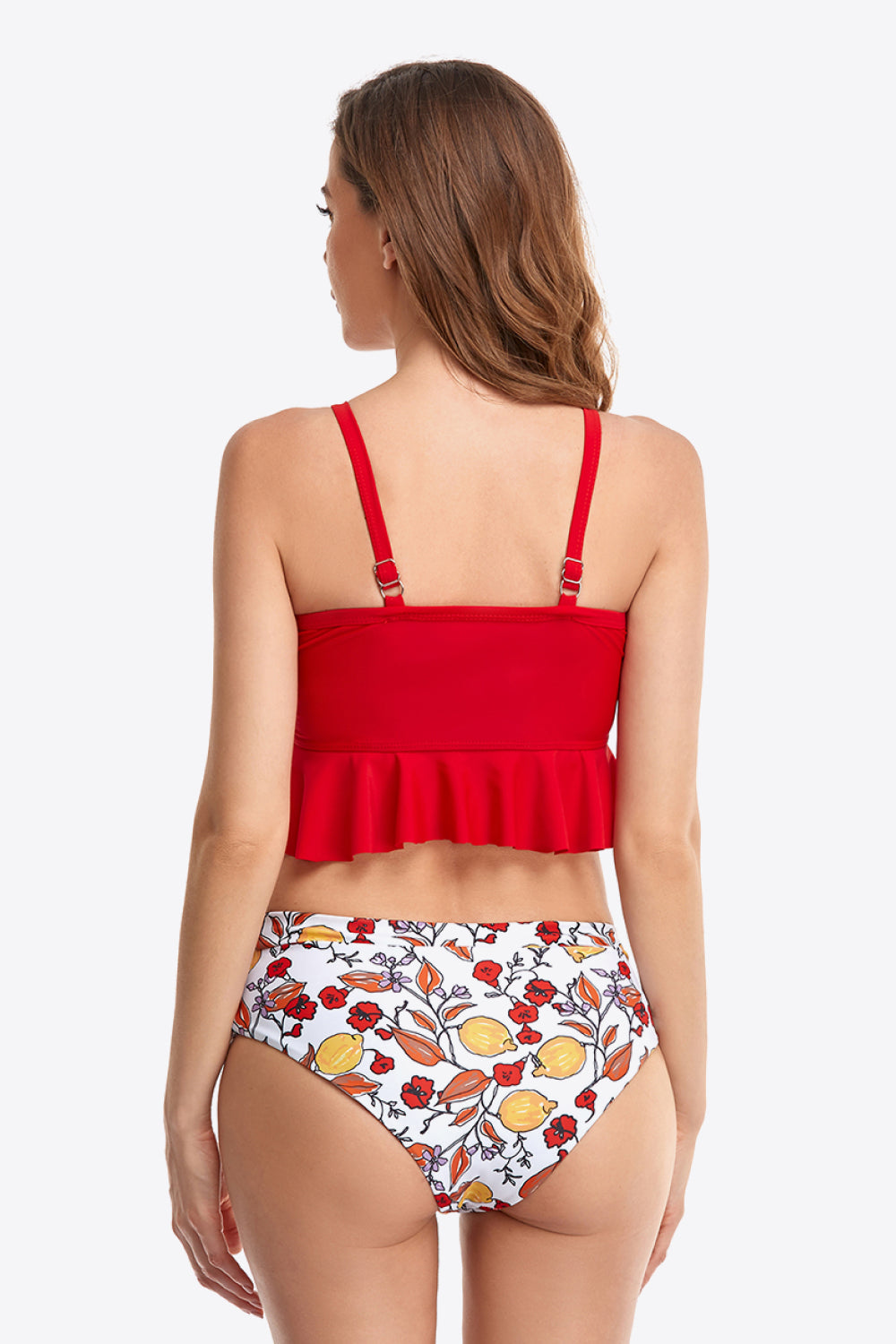 Printed Two-Tone Lace-Up Ruffled Two-Piece Swimsuit