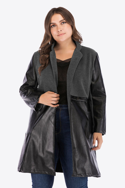 Plus Size Spliced PU Leather Longline Blazer