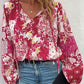 Patchwork Buttoned Tie-Neck Balloon Sleeve Blouse