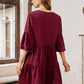 V-Neck Three-Quarter Flounce Sleeve Tiered Dress