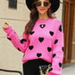 Heart Pattern Lantern Sleeve Round Neck Tunic Sweater