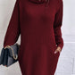 Turtleneck Raglan Sleeve Rib-Knit Dress with Pockets