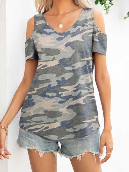 Curved Hem V-Neck Cold-Shoulder Tee