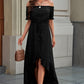 Off-Shoulder Drawstring Waist Ruffled High-Low Dress
