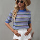 Striped Openwork Half Sleeve Knit Top