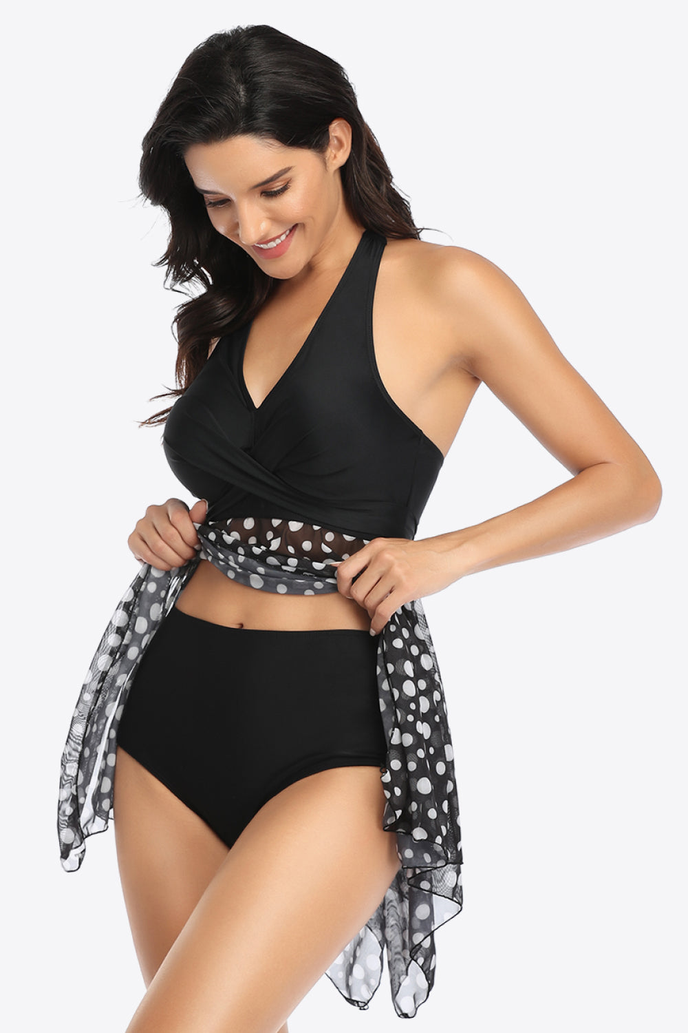Two-Tone Halter Neck Swim Dress and Bottoms Set