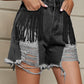 Fringe Trim Distressed Denim Shorts with Pockets