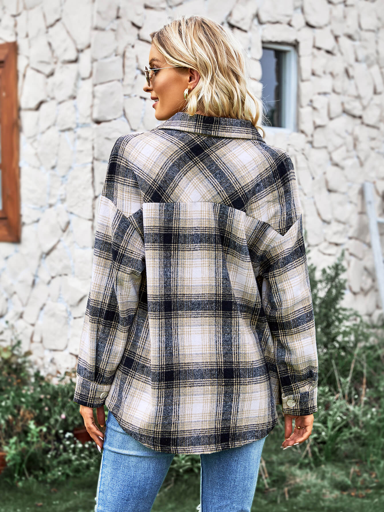 Plaid Button Front Curved Hem Shacket