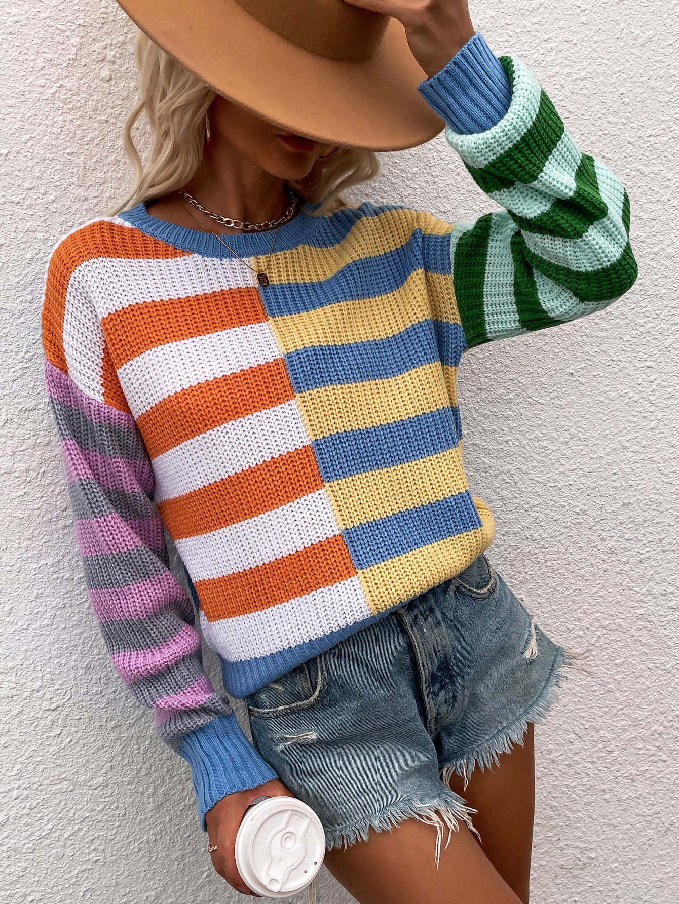 Split Stripes Rib-Knit Sweater