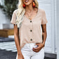 Buttoned V-Neck Short Sleeve Top