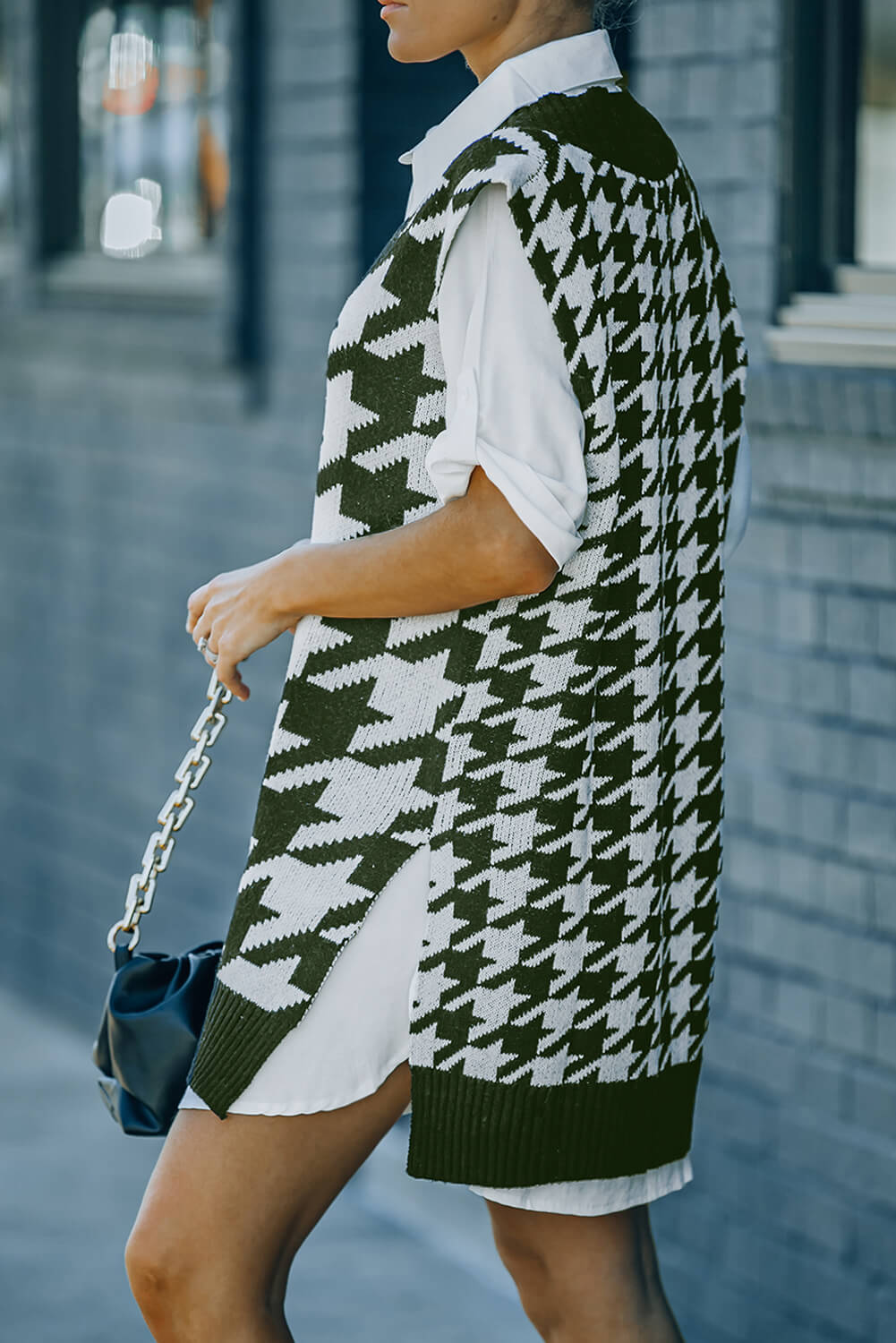 Houndstooth Side Slit Ribbed Sweater Vest Dress