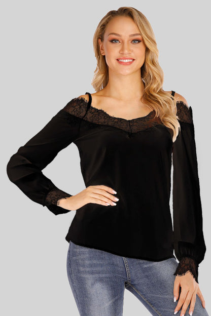 Spliced Lace Cold-Shoulder Blouse