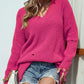 Distressed V-Neck Rib-Knit Sweater