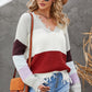 Color Block Distressed V-Neck Ribbed Sweater