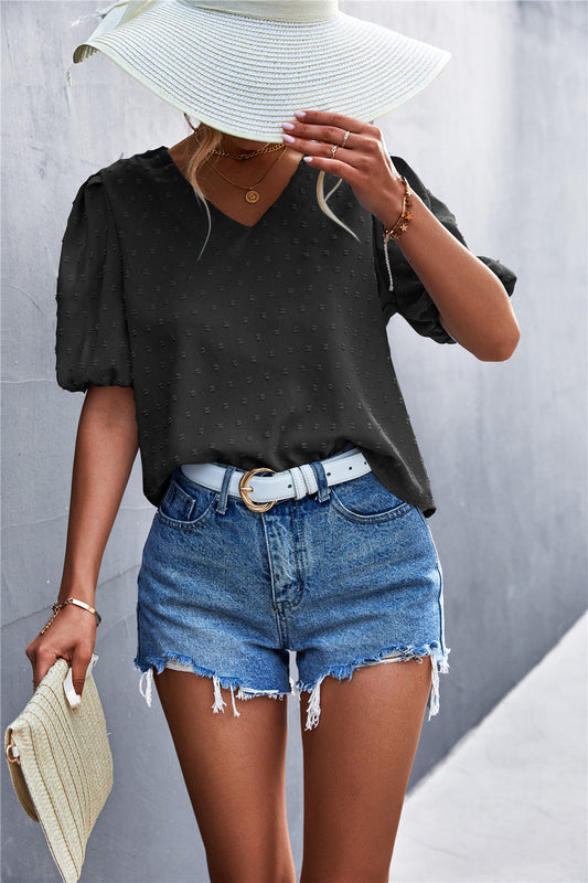Swiss Dot Puff Sleeve V-Neck Top