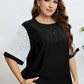 Plus Size Contrast Decorative Button Half Sleeve Top