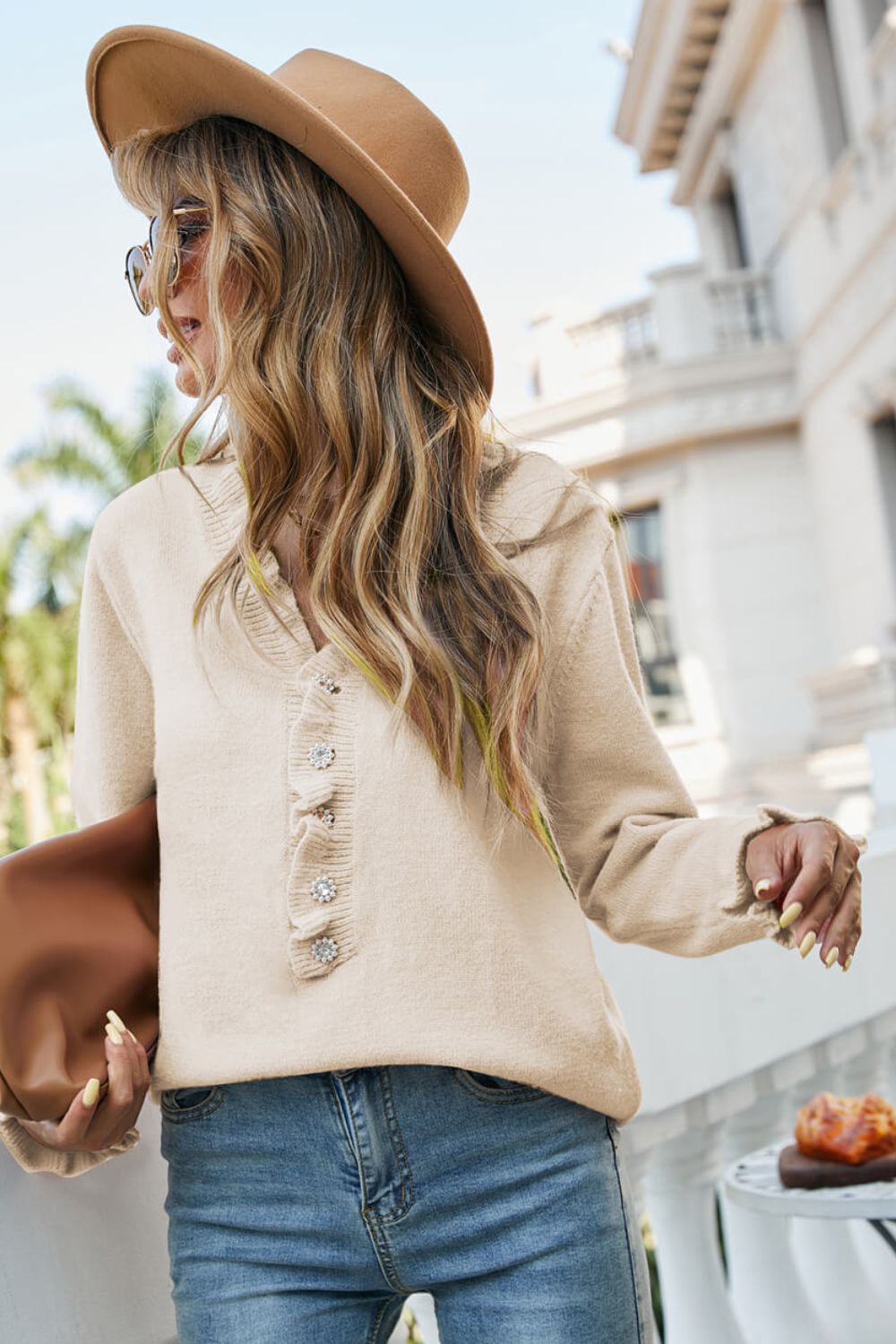 Half-Button Frill Trim Sweater