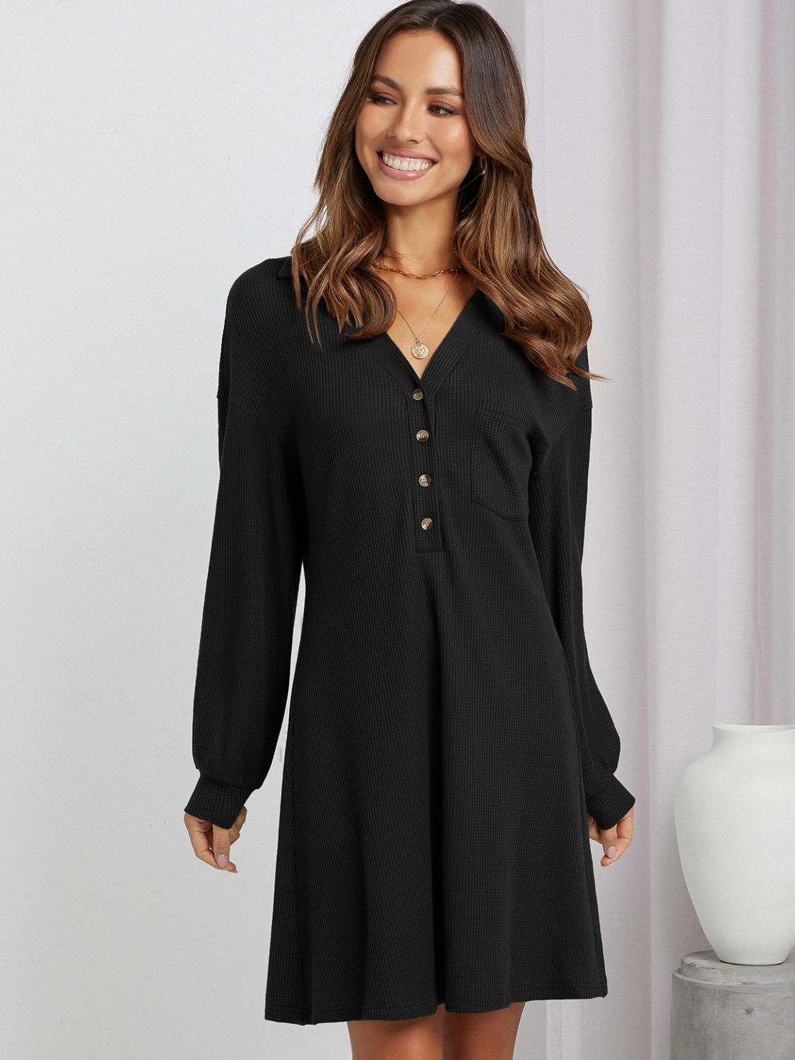 Johnny Collar Half Button Waffle Knit Dress
