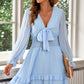Swiss Dot Tie Front Frill Trim Plunge Dress