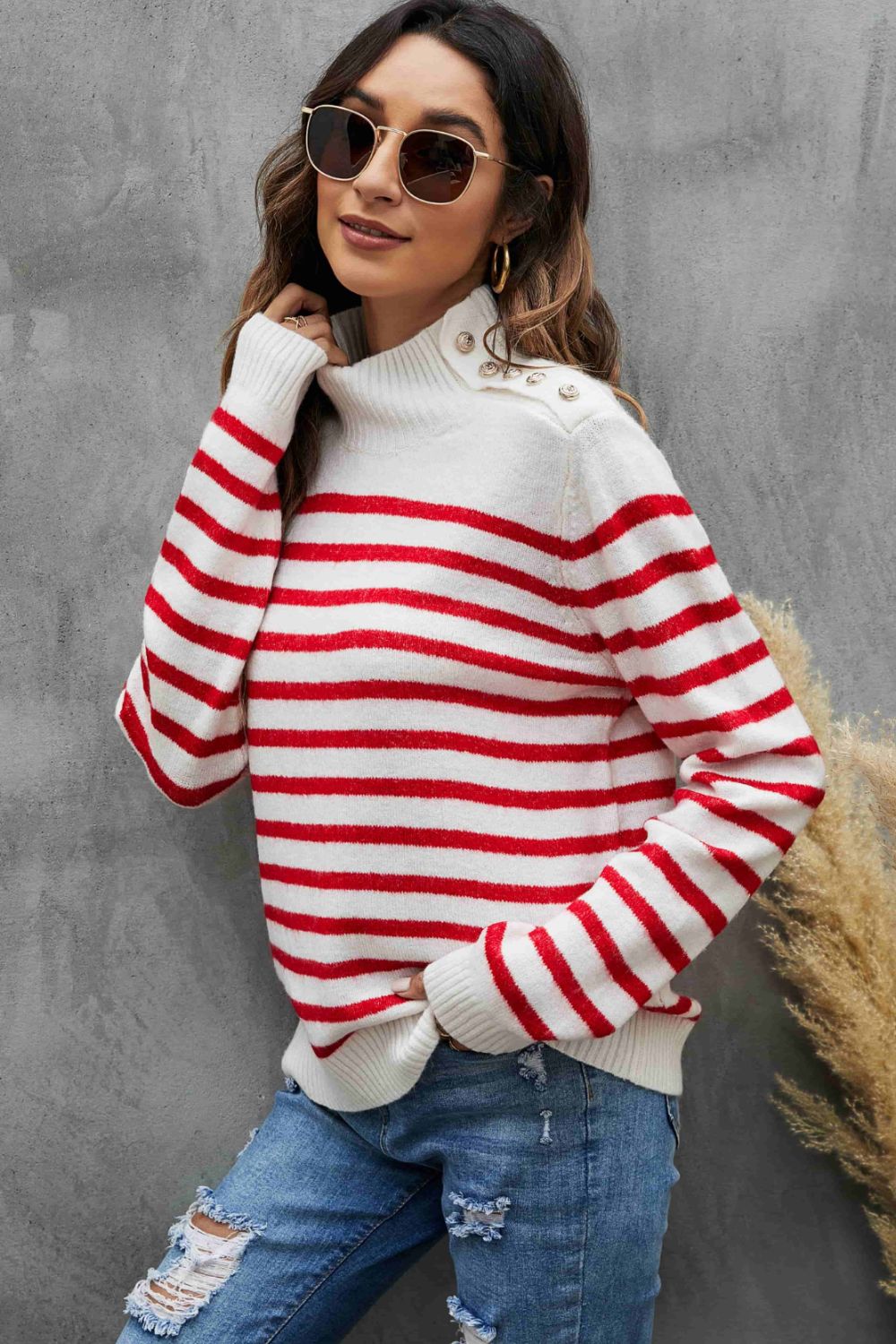 Striped Buttoned Mock Neck Sweater
