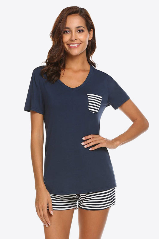 Striped V-Neck Top and Shorts Lounge Set