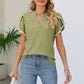 Pom-Pom Trim Petal Sleeve Notched Neck Top