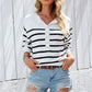 Striped Half Button Raglan Sleeve Knit Pullover