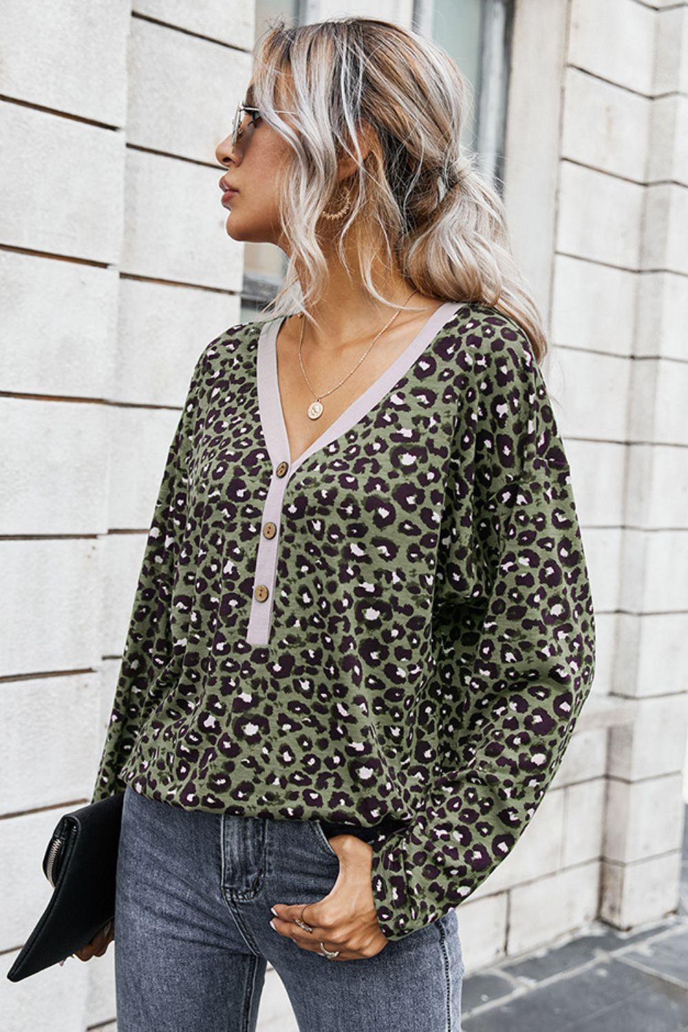 Leopard Buttoned Contrast Trim Top