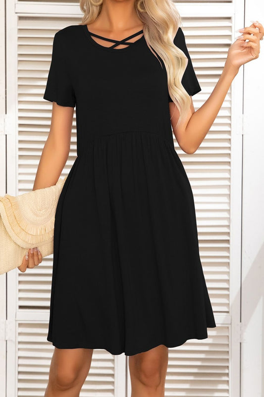 Crisscross Round Neck Short Sleeves Mini Dress