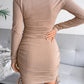 Round Neck Long Sleeve Tie Ruched Mini Dress