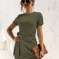 Round Neck Cuffed Sleeve Side Tie Dress