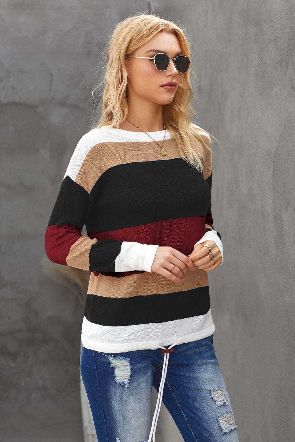 Color Block Drawstring Knit Top