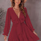 Tied Plunge Smocked Waist Flounce Sleeve Dress