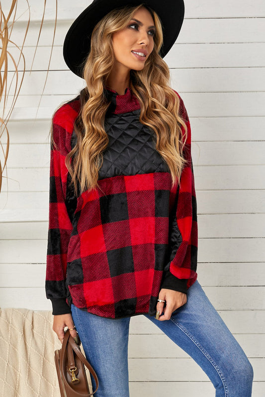 Plaid Raglan Sleeve Curved Hem Sweatshirt